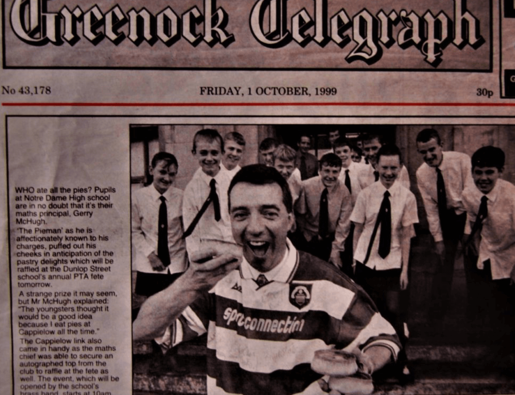 Gerry McHugh with pupils in a Greenock Morton shirt, 1999