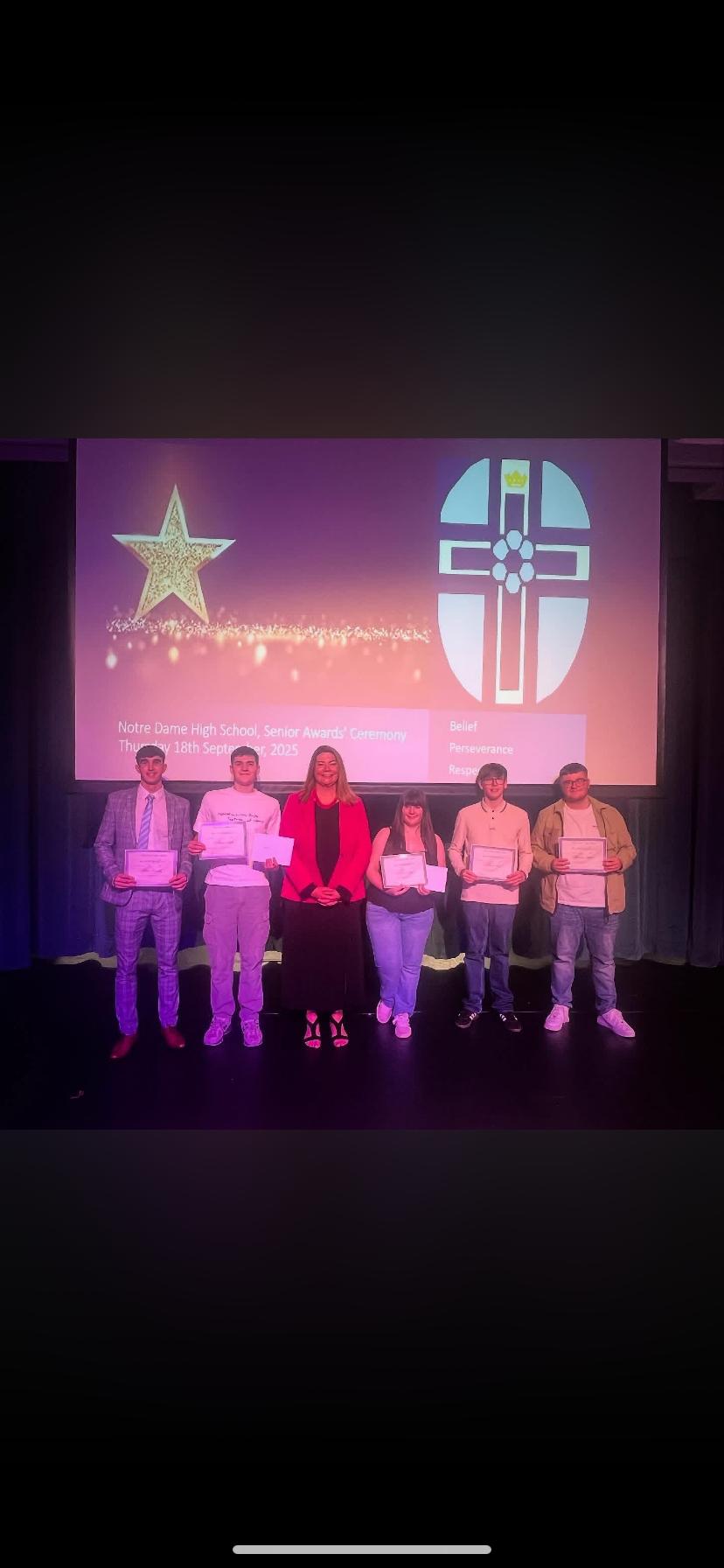 Scholarship recipients Liam, Michael, Miss Munro, Karis, Aaron and Dominic